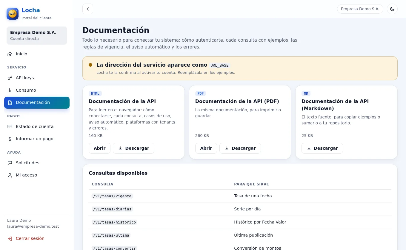 Portal del cliente: documentación de la API para leer o descargar